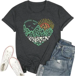 Adventure Awaits Shirts Short Sleeve Tops Women Hiking Mountain Graphic Casual Tops