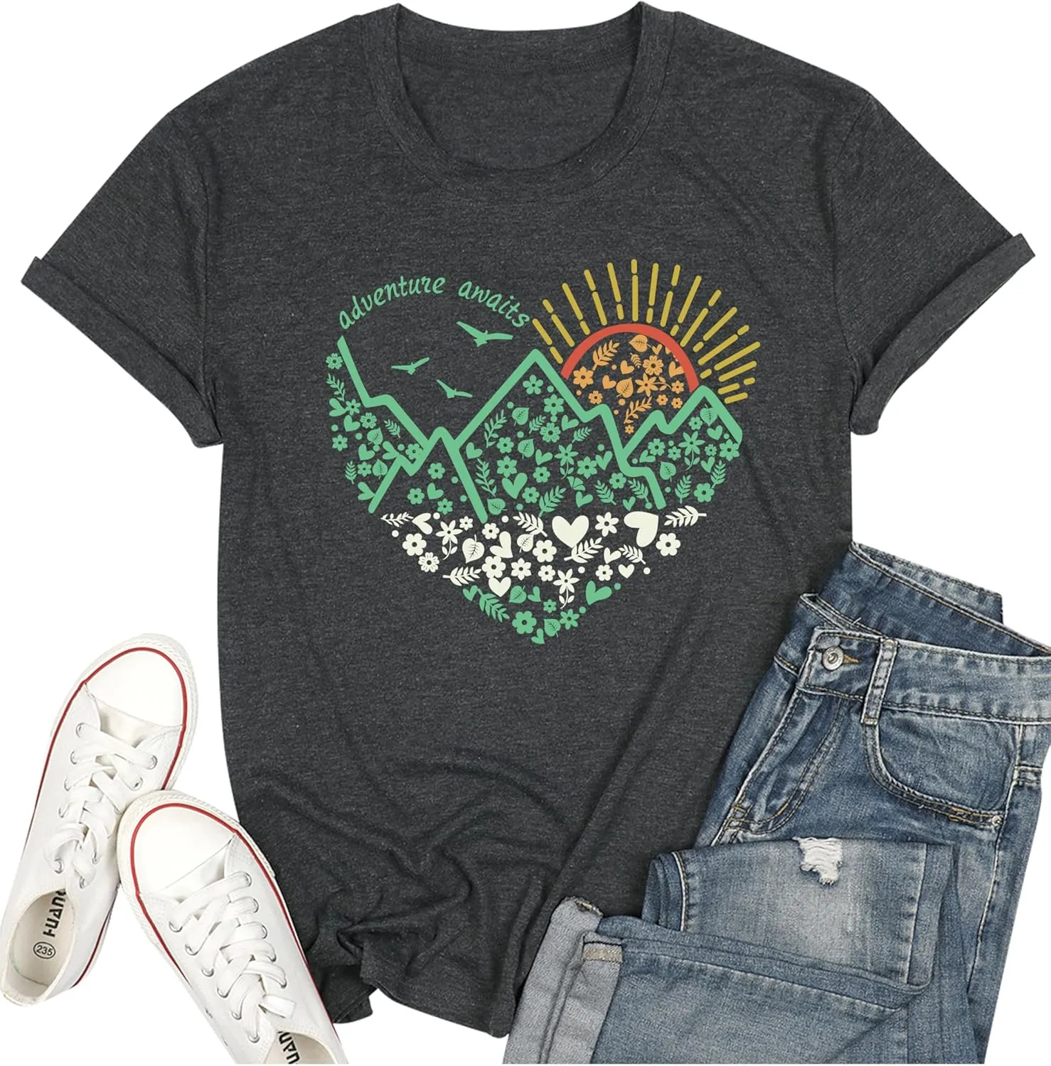 Adventure Awaits Shirts Short Sleeve Tops Women Hiking Mountain Graphic Casual Tops