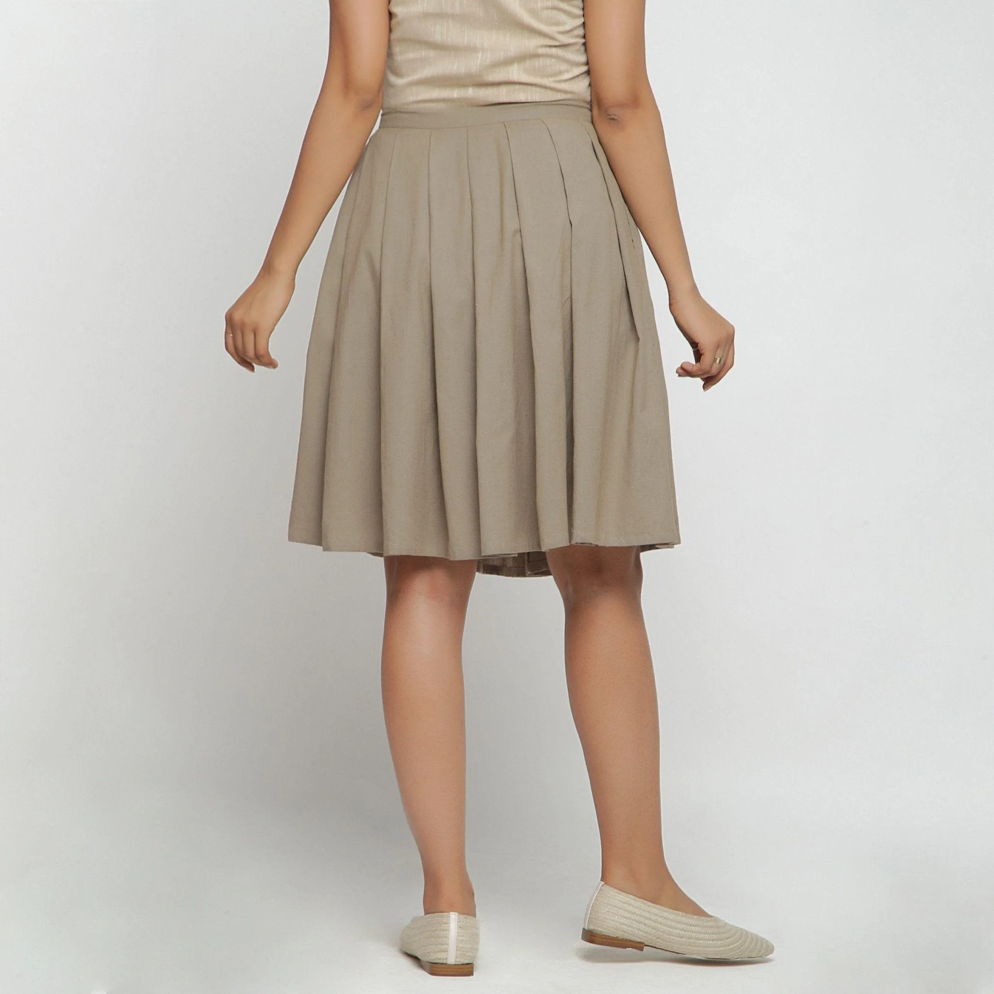 Beige Cotton Flax Pleated Knee Length Skirt