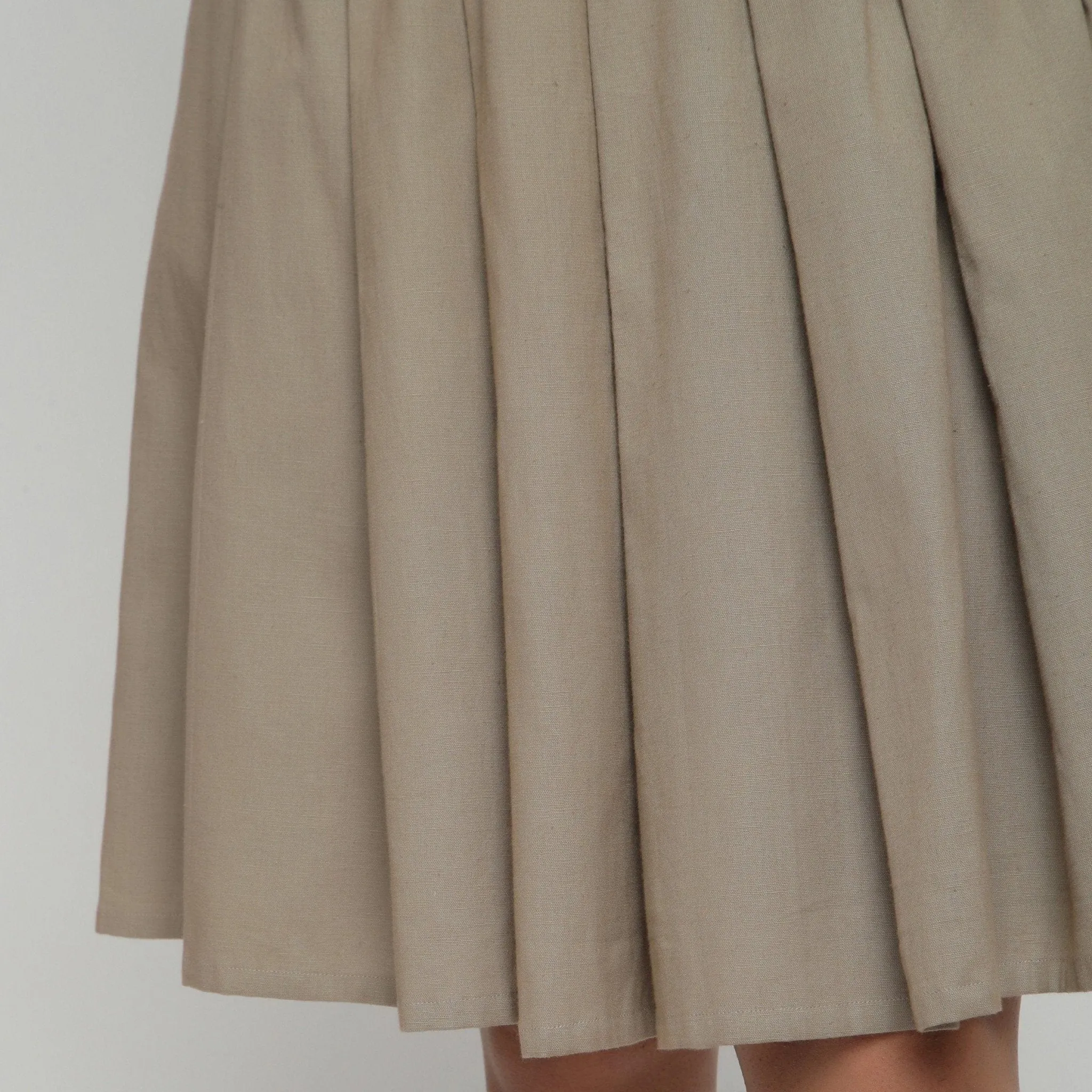 Beige Cotton Flax Pleated Knee Length Skirt