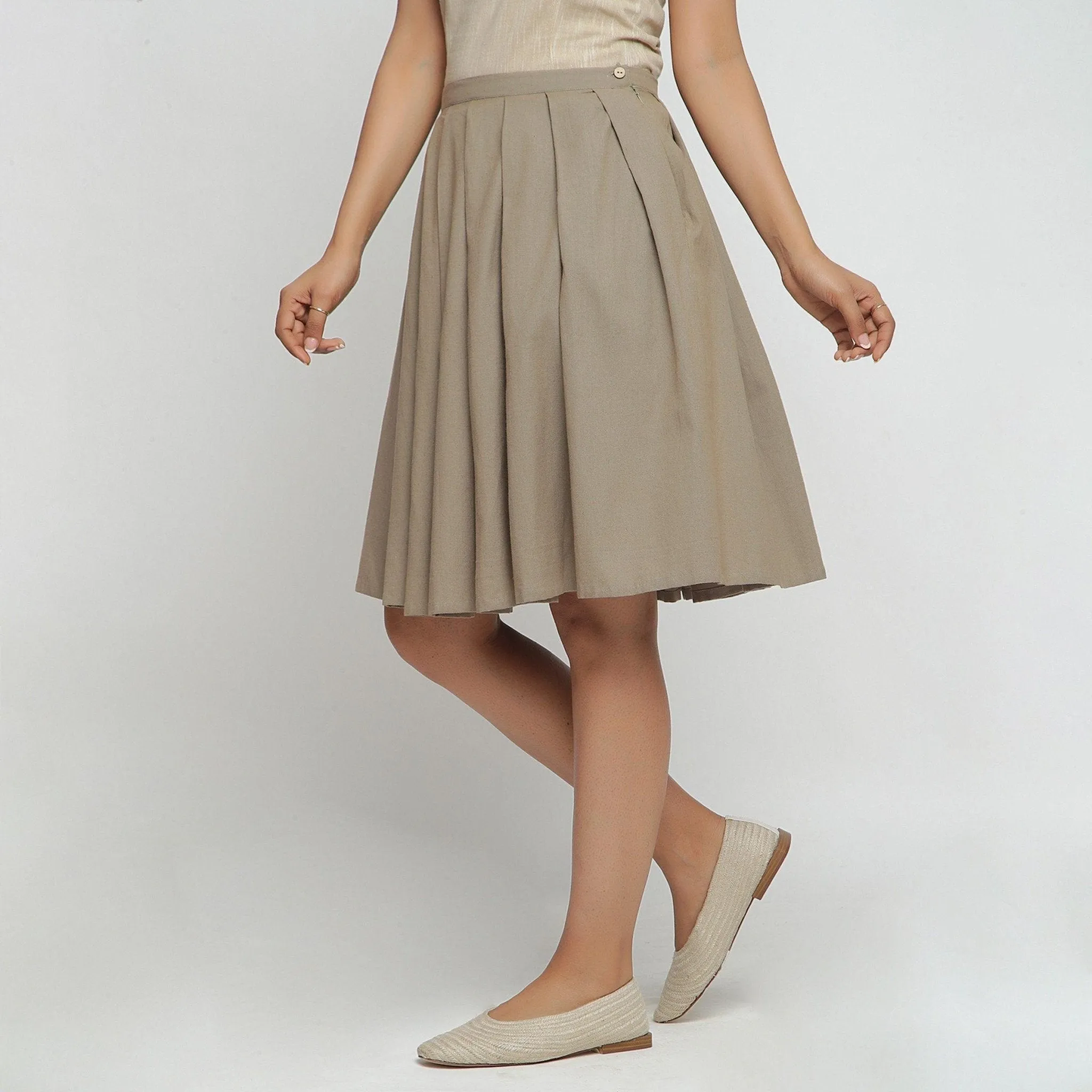 Beige Cotton Flax Pleated Knee Length Skirt