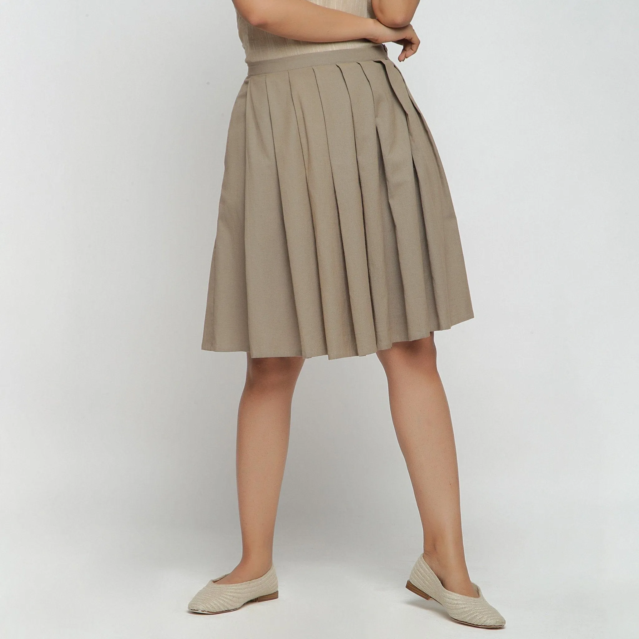 Beige Cotton Flax Pleated Knee Length Skirt