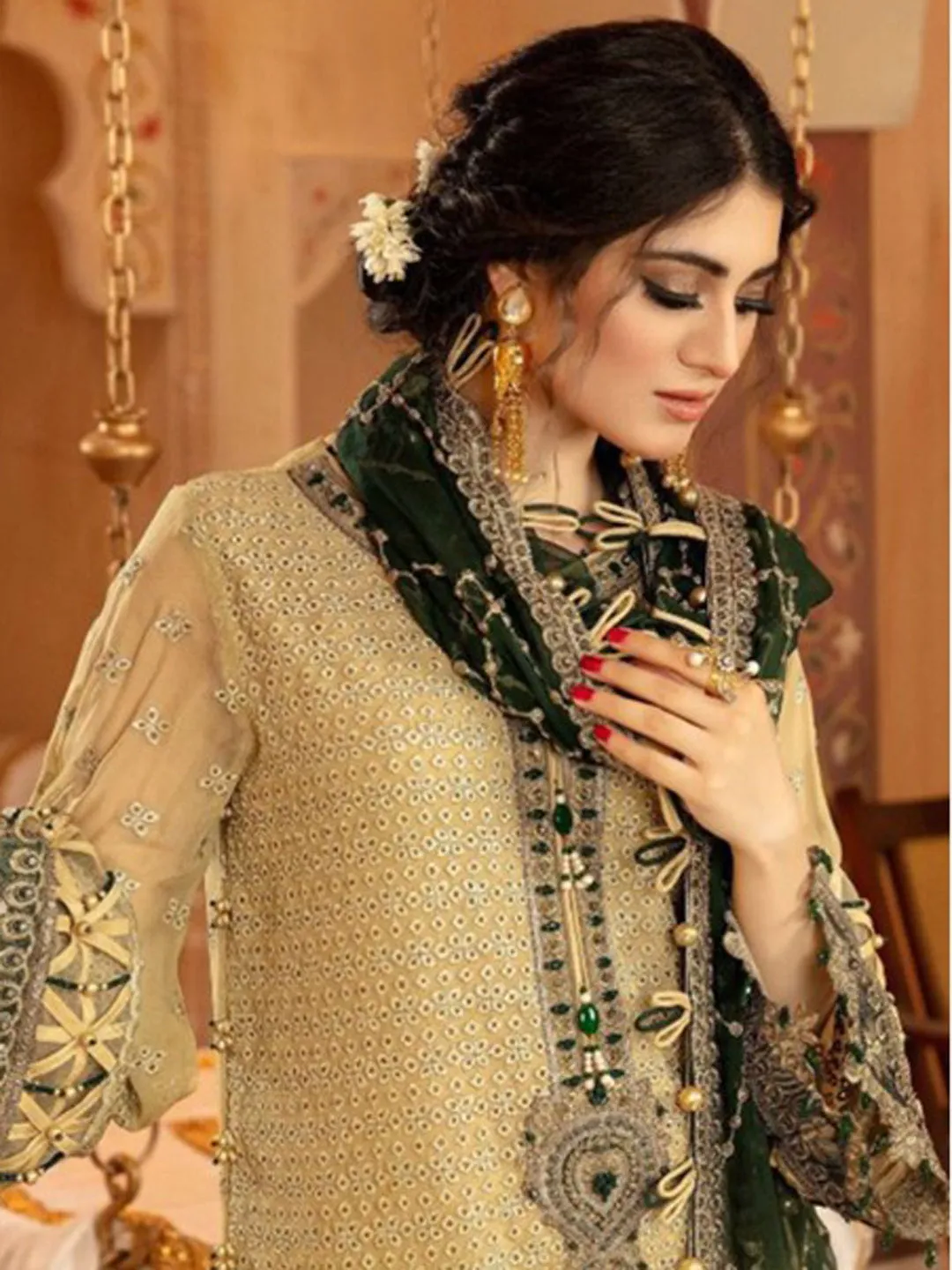 Beige Traditional Readymade Palazzo Suit With Embroidery Stone Work