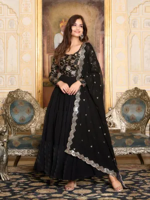 Black Festive Wear Readymade Gown With Dupatta In Embroidered Work
