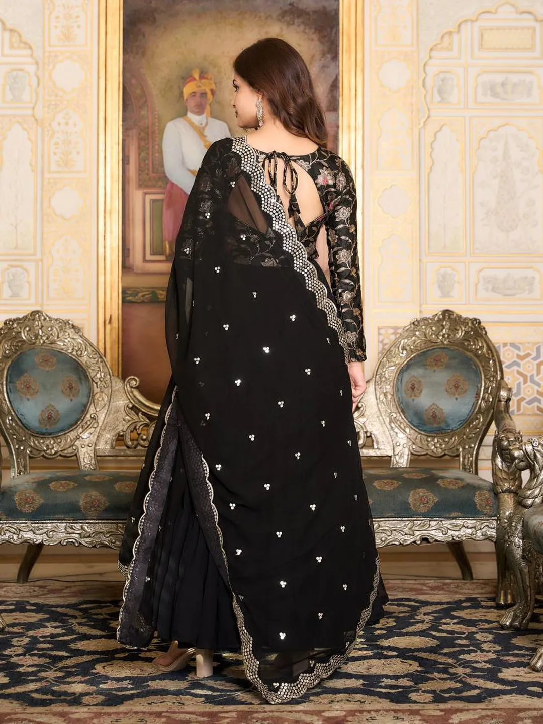 Black Festive Wear Readymade Gown With Dupatta In Embroidered Work