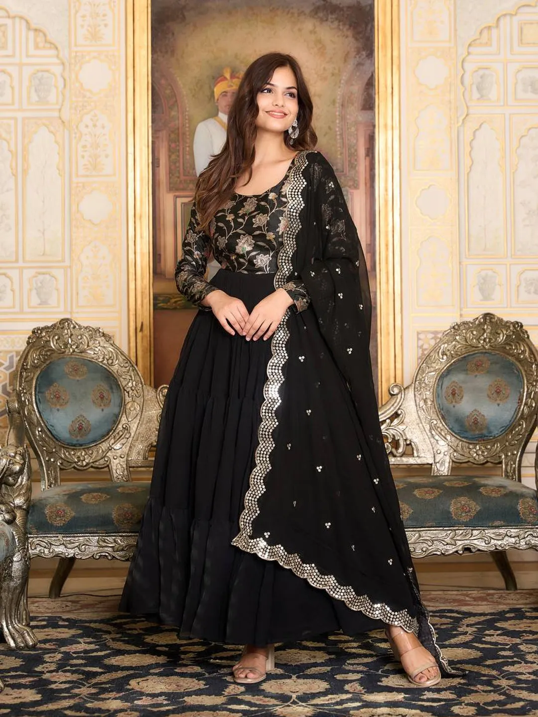 Black Festive Wear Readymade Gown With Dupatta In Embroidered Work