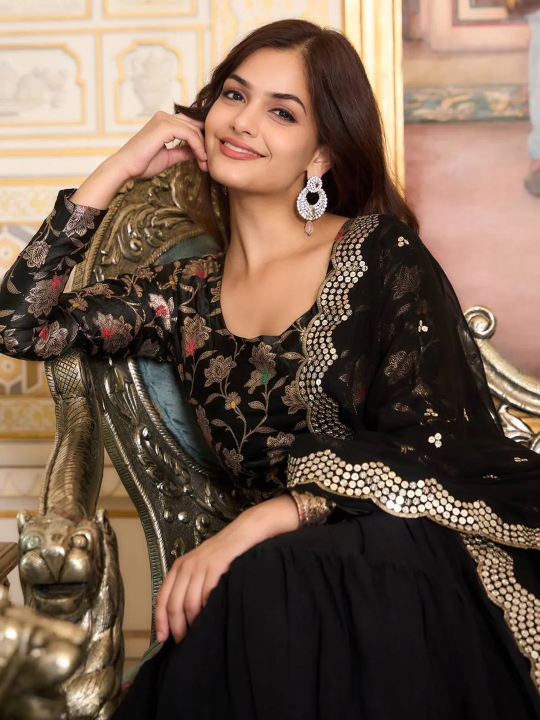 Black Festive Wear Readymade Gown With Dupatta In Embroidered Work