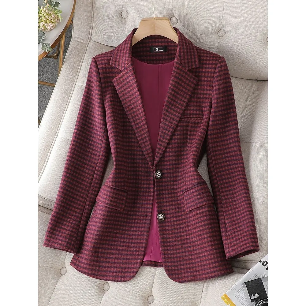 CAROLINE SUITS Women's Elegant Stylish Fashion Office Professional Woven Khaki Brown Plaid Blazer Jacket