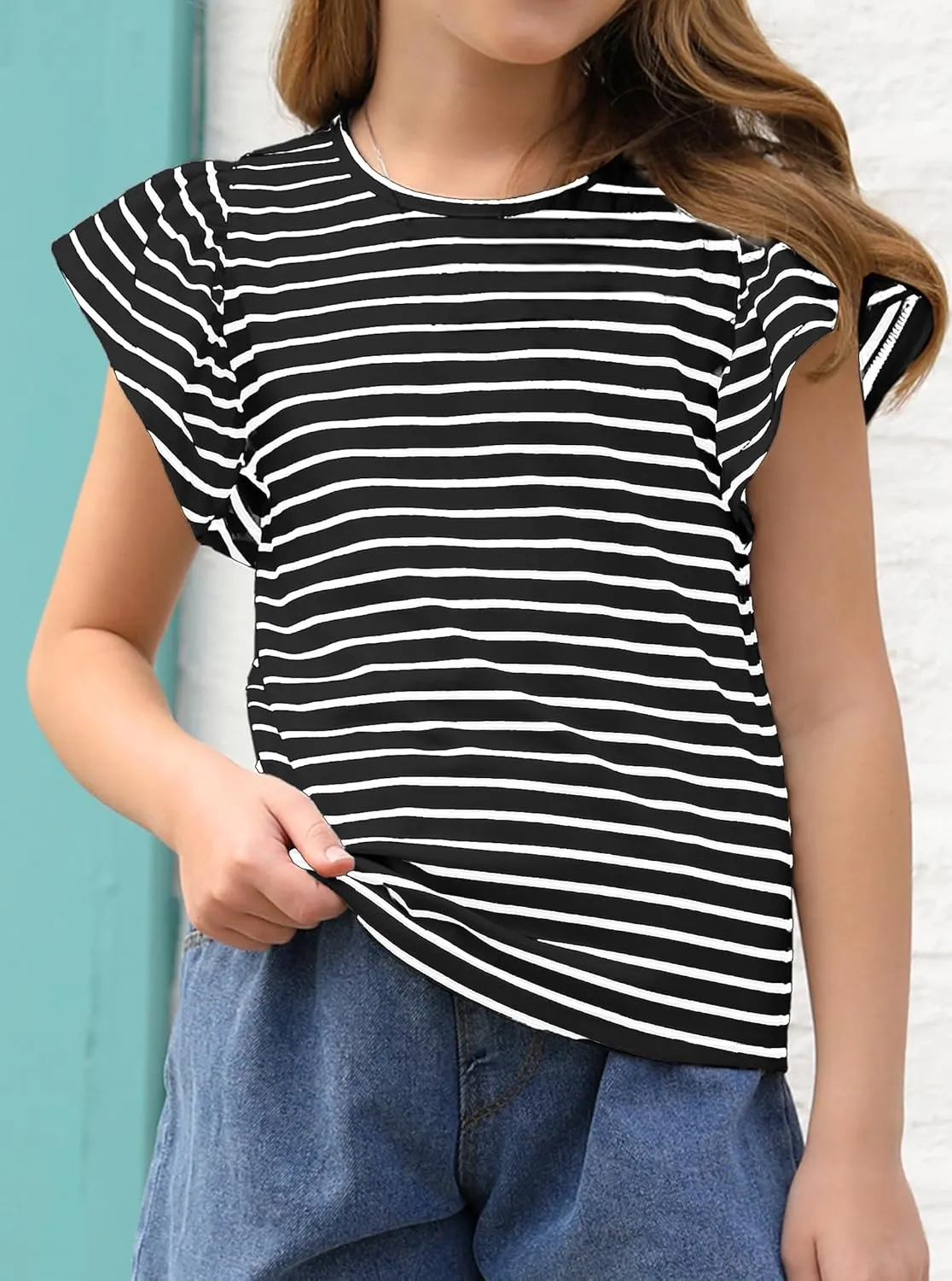 Girls' Summer Shirts Cute Tops Ruffle Sleeve Crew Neck Casual Tees