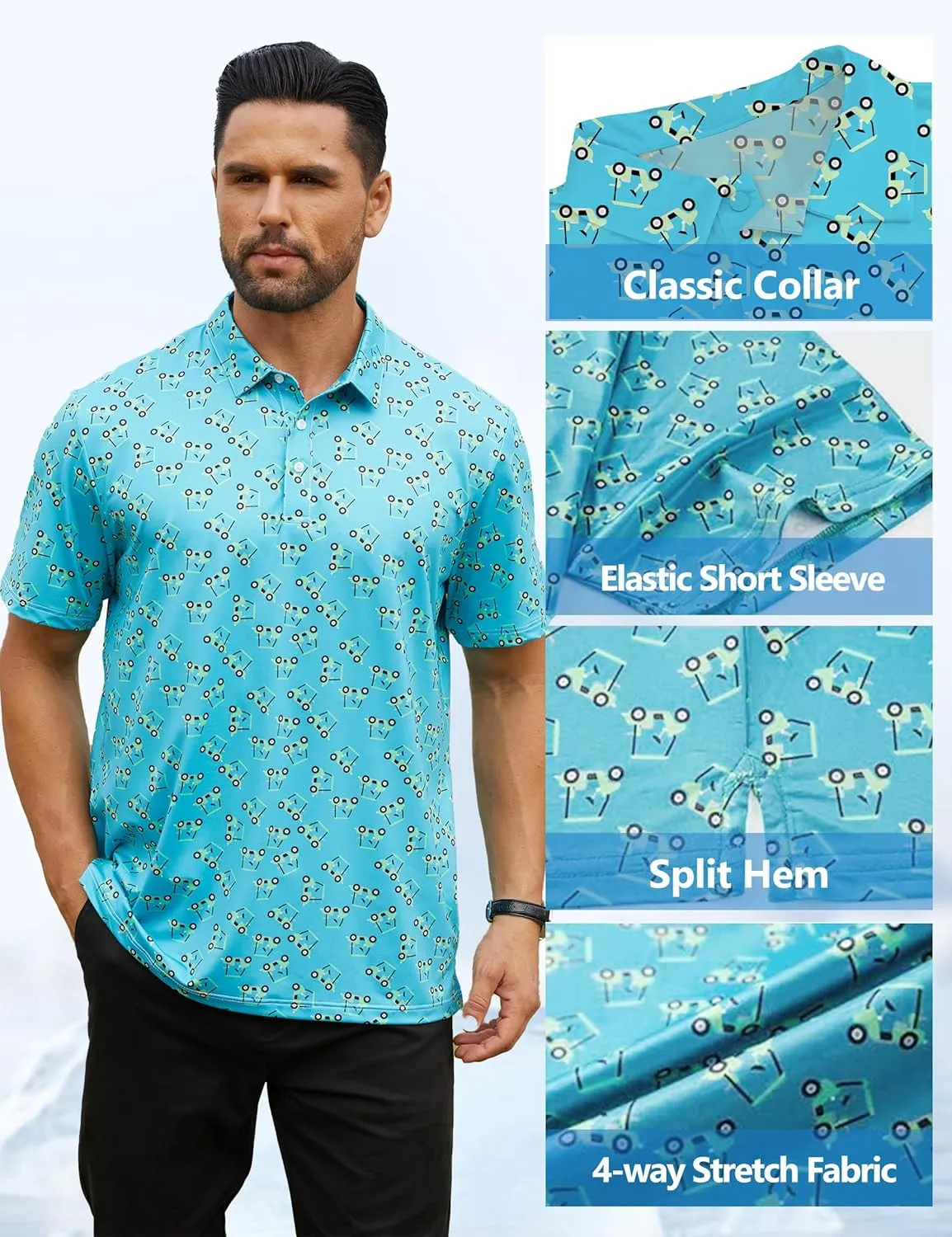 Golf Shirts for Men Printed Performance Moisture Wicking Short Sleeve Dry Fit Polo Shirts