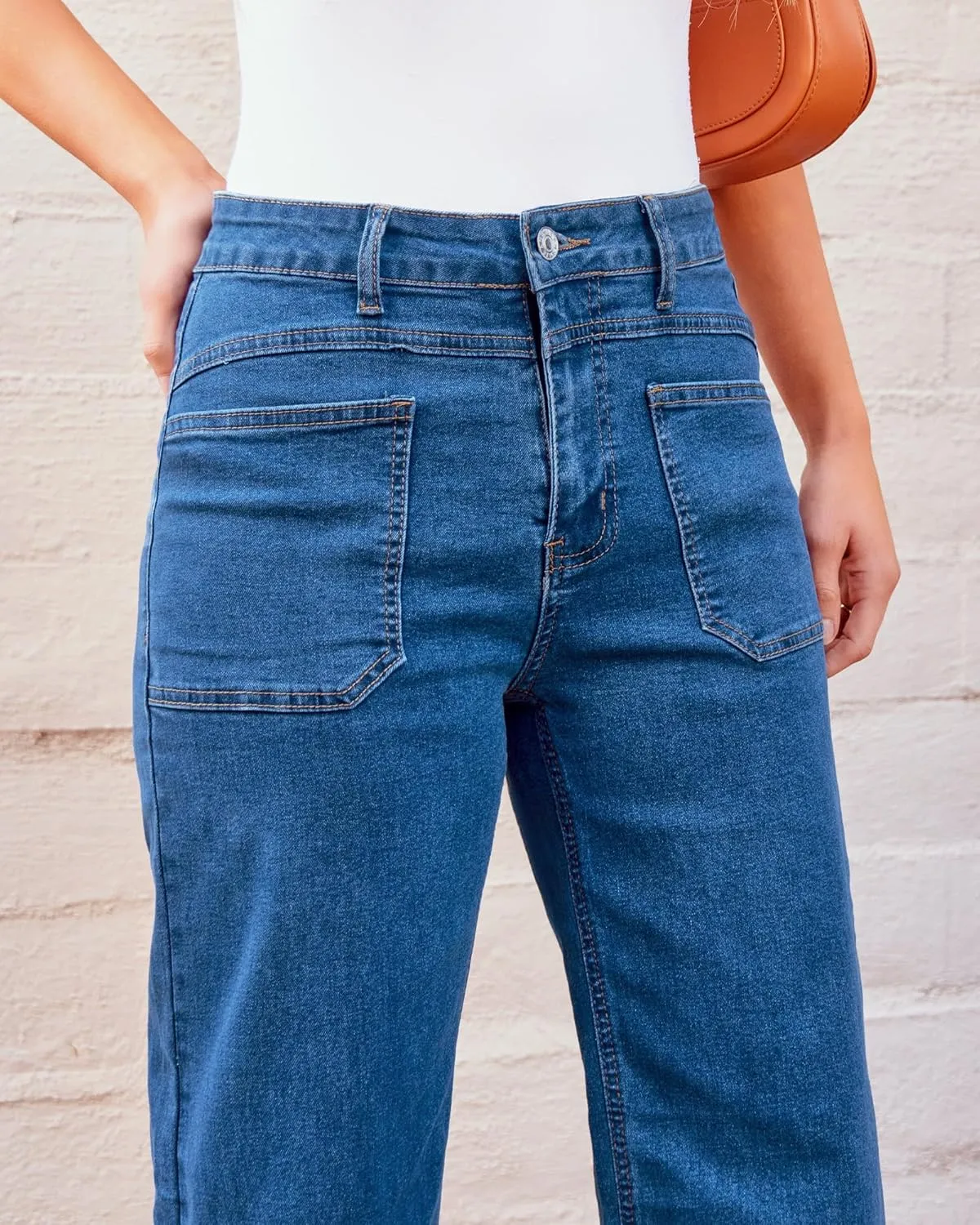 GRAPENT Wide Leg Jeans for Women Trendy High Waisted Loose Straight Leg Stretchy Retro Denim Pants with Pouch Pockets