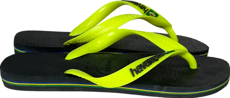 Havaianas Logo Printed Flip Flops In Black And Neon Green UK 4 EU 37 👠