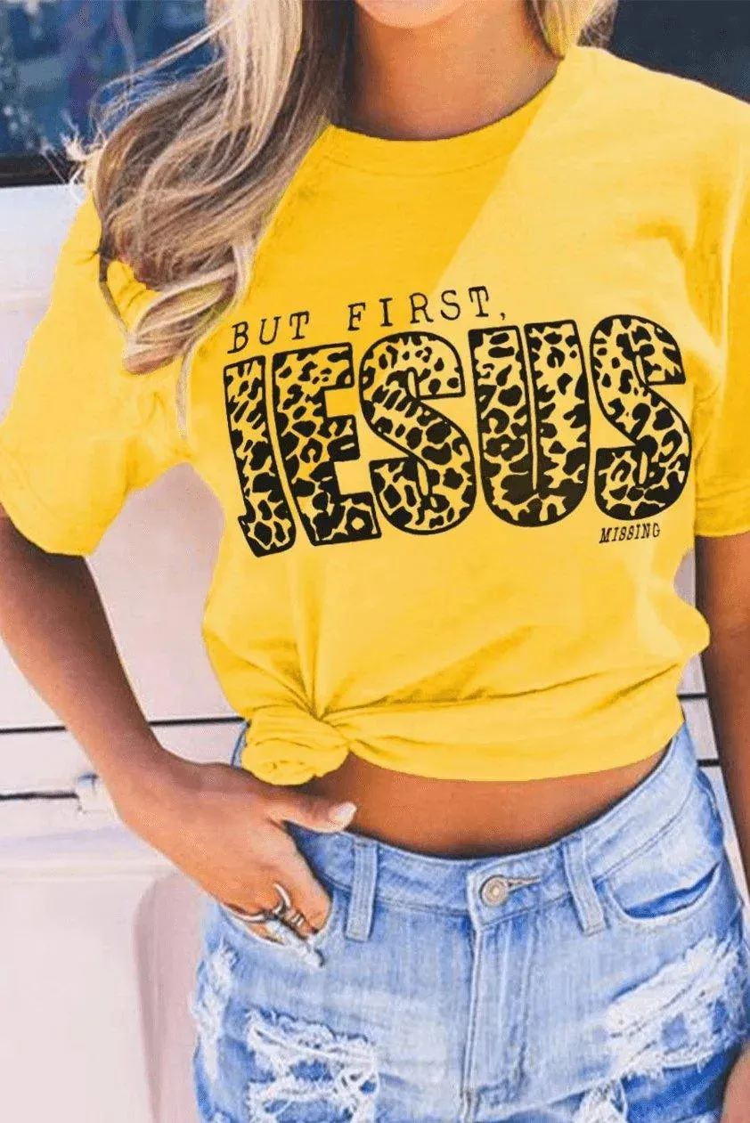 Leopard Letters Print Graphic Yellow T-shirt