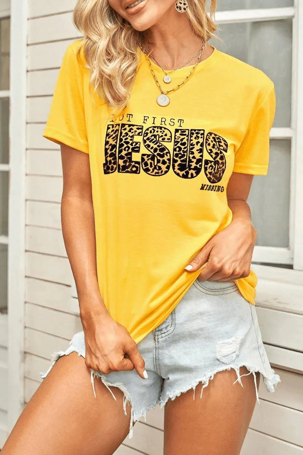 Leopard Letters Print Graphic Yellow T-shirt