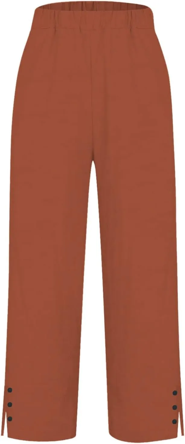 Linen Pants for Women Trendy Solid Straight Elastic Pant Long Drawstring Waist Cotton Casual Slit Plus Size Trousers