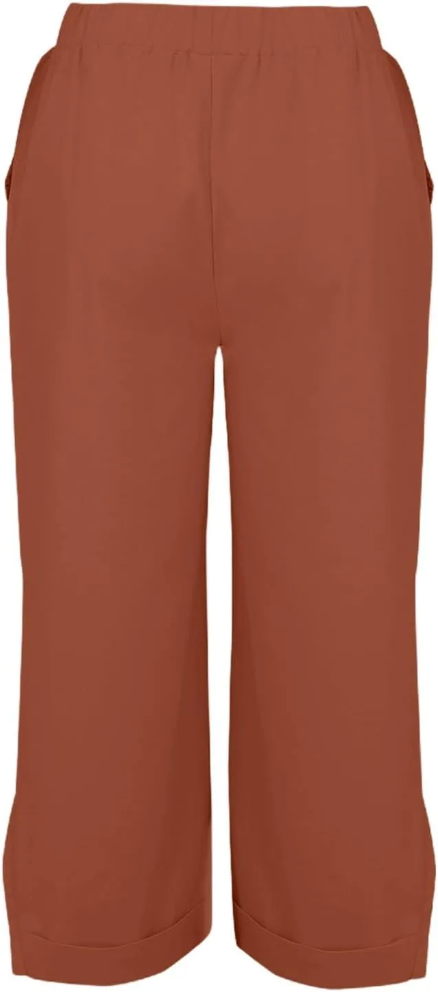 Linen Pants for Women Trendy Solid Straight Elastic Pant Long Drawstring Waist Cotton Casual Slit Plus Size Trousers