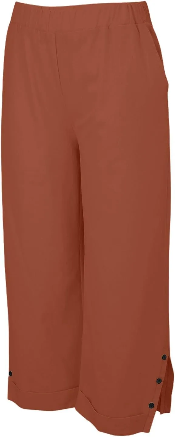 Linen Pants for Women Trendy Solid Straight Elastic Pant Long Drawstring Waist Cotton Casual Slit Plus Size Trousers