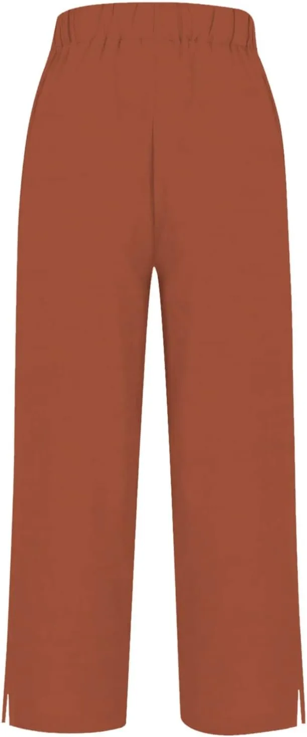 Linen Pants for Women Trendy Solid Straight Elastic Pant Long Drawstring Waist Cotton Casual Slit Plus Size Trousers