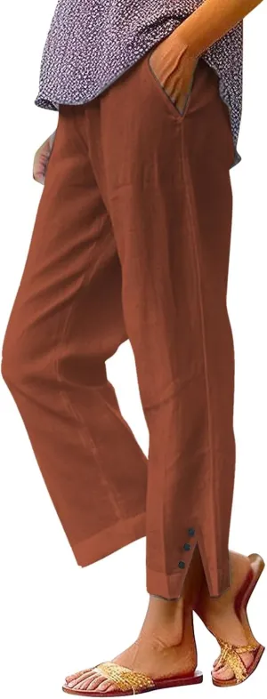 Linen Pants for Women Trendy Solid Straight Elastic Pant Long Drawstring Waist Cotton Casual Slit Plus Size Trousers