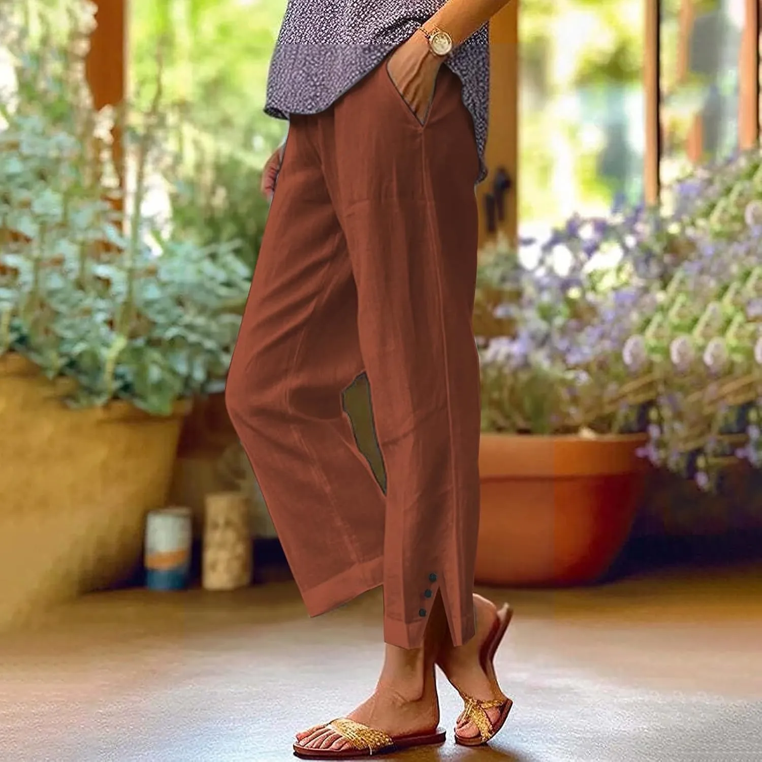 Linen Pants for Women Trendy Solid Straight Elastic Pant Long Drawstring Waist Cotton Casual Slit Plus Size Trousers