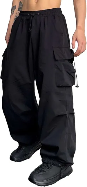 Men's Baggy Cargo Pants Casual Parachute Pant Drawstring Elastic Waist Loose Fit Athletic Joggers Sweatpants with Pockets