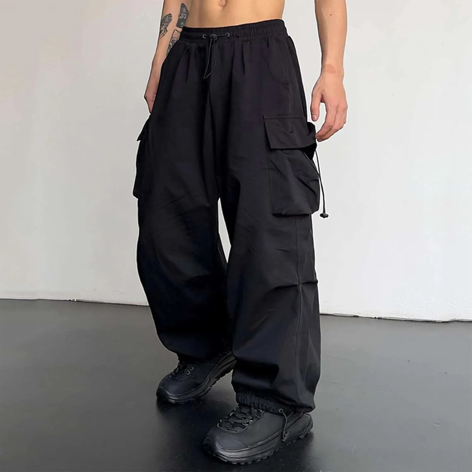 Men's Baggy Cargo Pants Casual Parachute Pant Drawstring Elastic Waist Loose Fit Athletic Joggers Sweatpants with Pockets