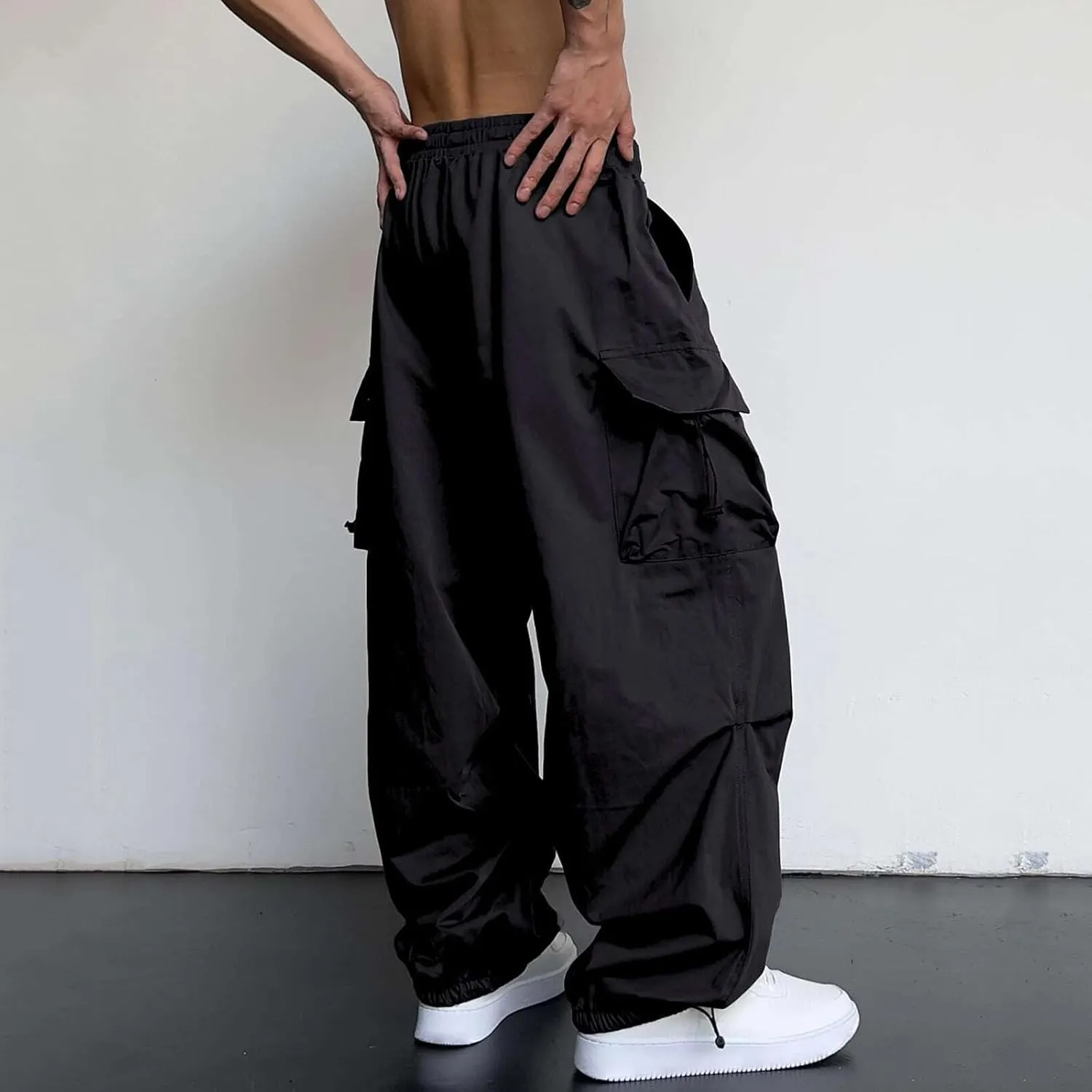 Men's Baggy Cargo Pants Casual Parachute Pant Drawstring Elastic Waist Loose Fit Athletic Joggers Sweatpants with Pockets