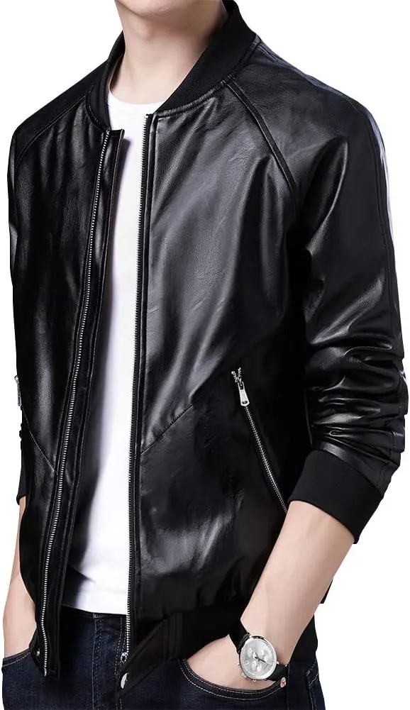 Mens Casual Slim Fit Faux Leather Jacket Fall Winter Leather Bomber Jackets