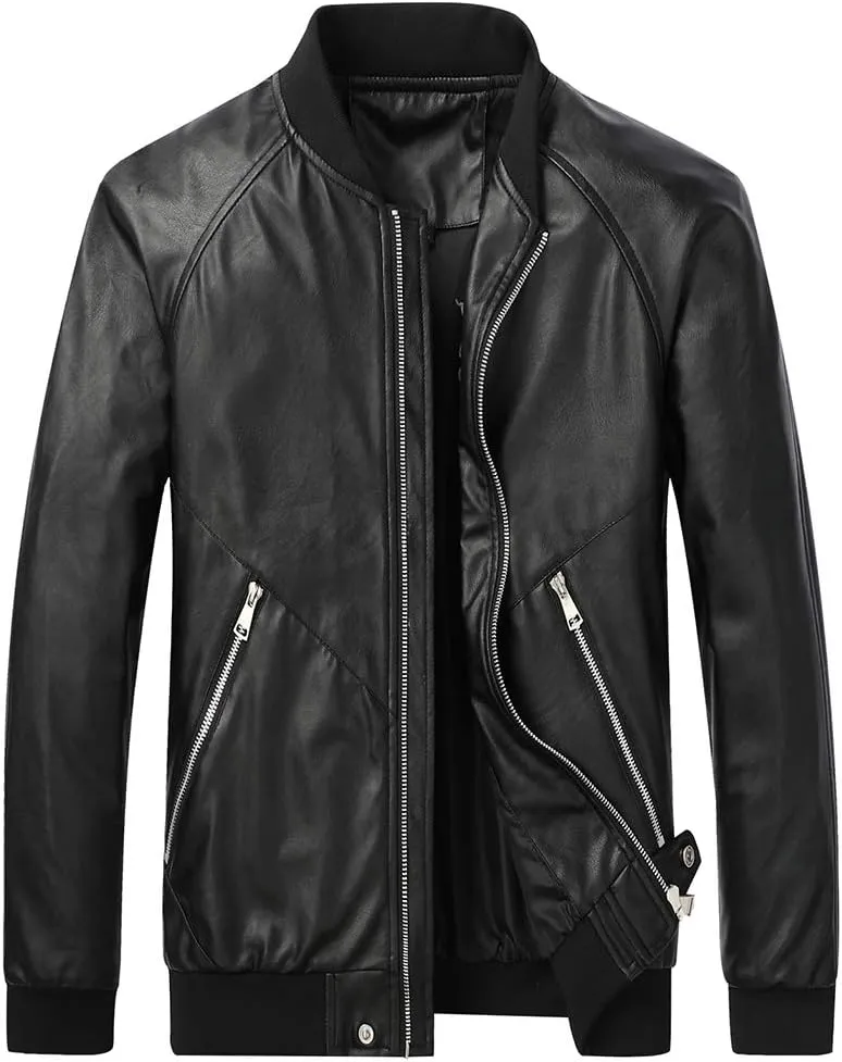 Mens Casual Slim Fit Faux Leather Jacket Fall Winter Leather Bomber Jackets