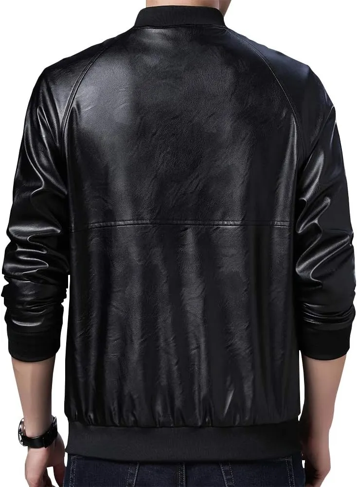 Mens Casual Slim Fit Faux Leather Jacket Fall Winter Leather Bomber Jackets