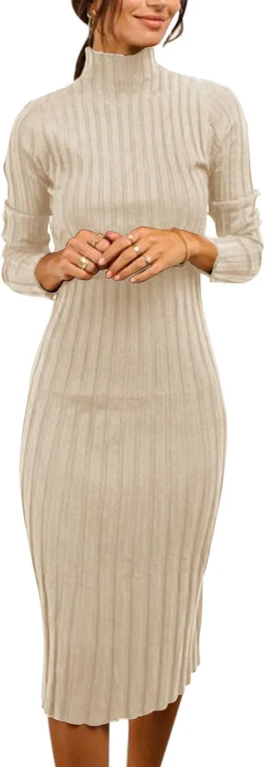 MEROKEETY Women's 2025 Ribbed Long Sleeve Sweater Dress High Neck Slim Fit Knitted Midi Dress