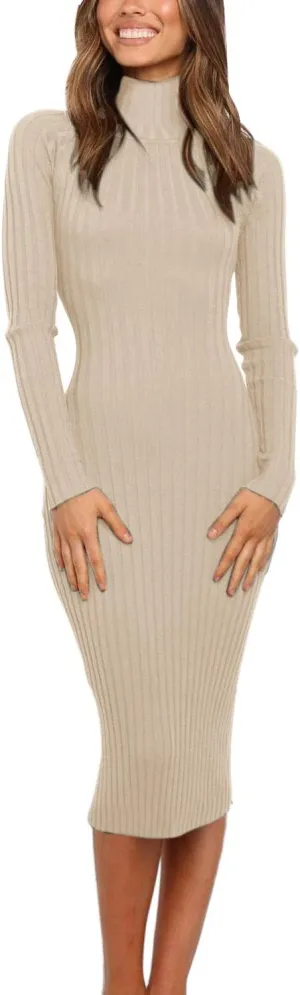 MEROKEETY Women's 2025 Ribbed Long Sleeve Sweater Dress High Neck Slim Fit Knitted Midi Dress