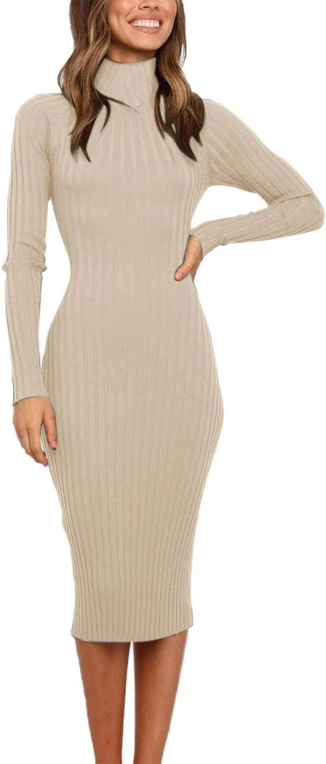 MEROKEETY Women's 2025 Ribbed Long Sleeve Sweater Dress High Neck Slim Fit Knitted Midi Dress