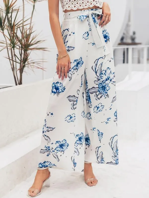 Simplee Belted Wide Leg Floral Pants