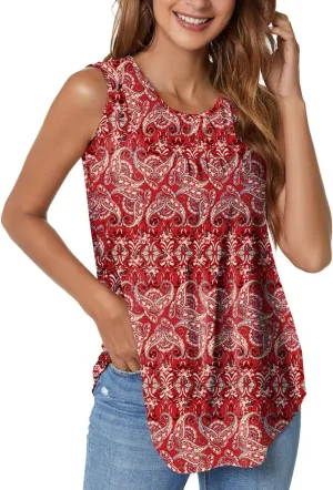 SUNNEGOO Women's Sleeveless Tank Tops Printed Pleated Loose Casual Blouse Shirt Flare Tunic Tank Tops for Women Summer