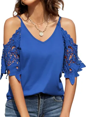 TFSDOD Womens Summer V Neck Cold Shoulder Tops T Shirts Cut Out Lace Short Sleeve Solid Color Blouses Shirt