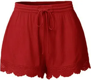 Women Floral Lace Trim Shorts Casual Summer Shorts Plus Size High Waist Drawstring Dressy Shorts Trendy Beach Clothes