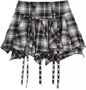 Women's Gothic Punk Skirt High Waist Mini Plaid Pleated Skirt Y2K Ruffles Fairy Grunge A-Line Skater Skirts