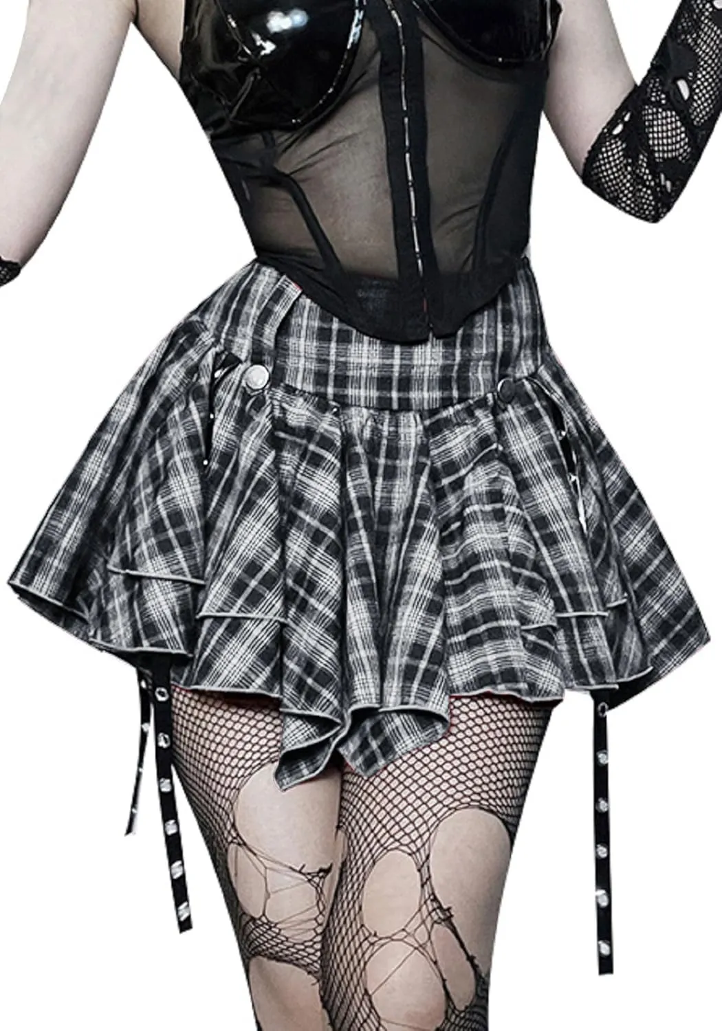 Women's Gothic Punk Skirt High Waist Mini Plaid Pleated Skirt Y2K Ruffles Fairy Grunge A-Line Skater Skirts
