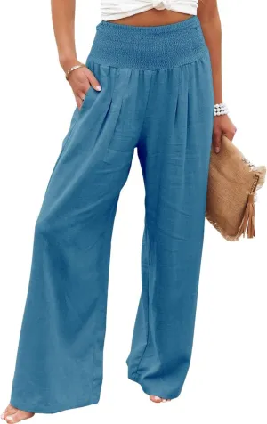 Womens Linen Pants Boho Wide Leg Lounge Pant High Waist Palazzo Pant Summer Beach Trousers Travel Vacation Outfits