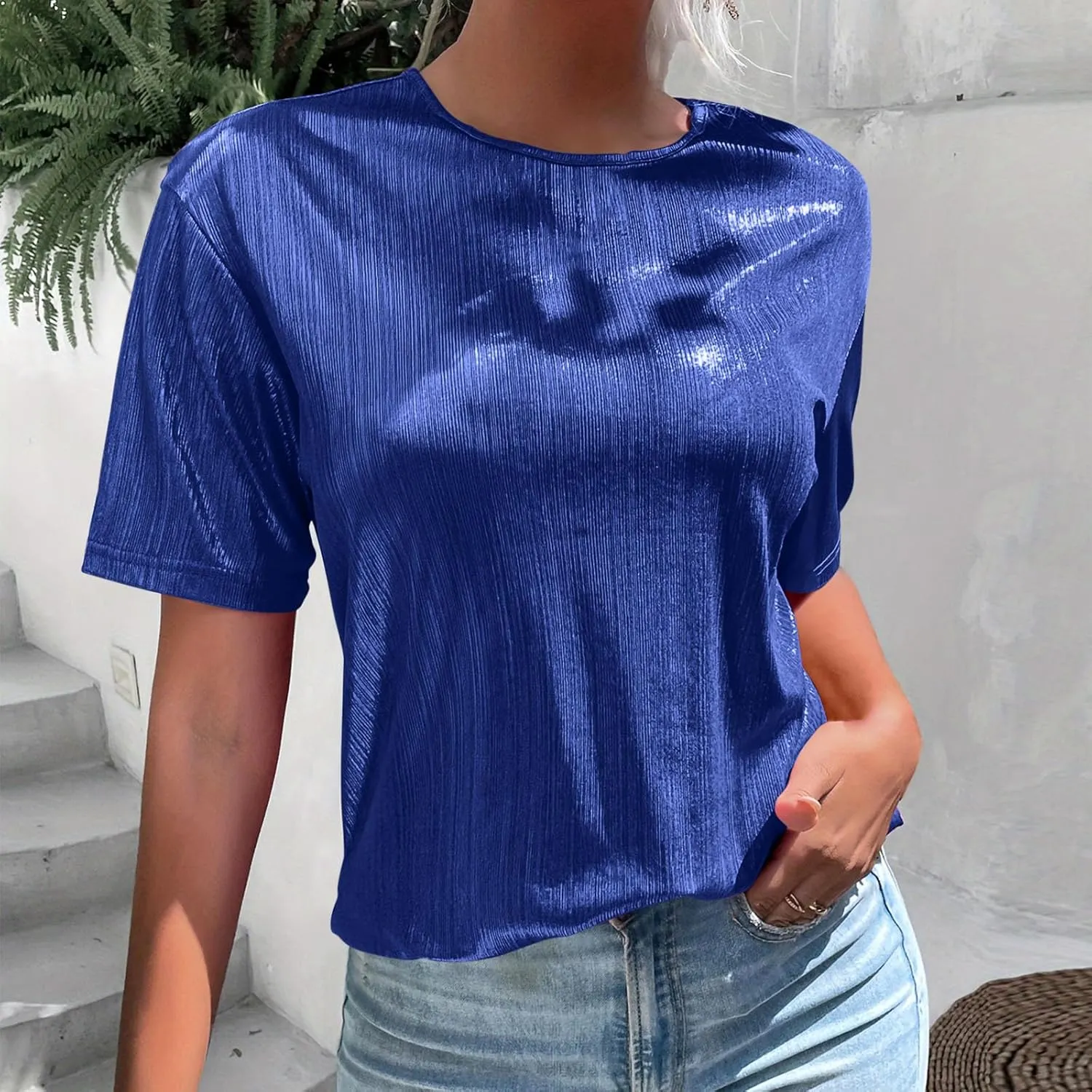 Women's Shiny Metallic Tops Short Sleeve T Shirt Glitter Party Disco Club Tees Holographic Music Festival Outfit