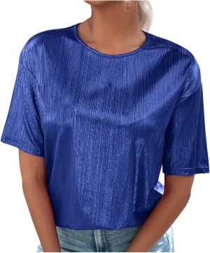 Women's Shiny Metallic Tops Short Sleeve T Shirt Glitter Party Disco Club Tees Holographic Music Festival Outfit
